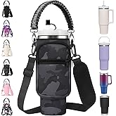 AceTreker Water Bottle Carrier Bag with Paracord Handle for Stanley 40/30 oz Tumbler Neoprene Insulated Mug Sleeve Pouch with 2 Pockets & Adjustable Strap & Straw Cover for Stanley Cup Accessories