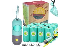 YUCHIYA Dog Poop Bags Holder with LED Flashlight|Pet Waste Bags Dispenser for Leash|Doggie Potty Bags Container with Leak-proof Pet Trash Bags and Accessories (1 Holder 195 Bags, Crystal Blue)