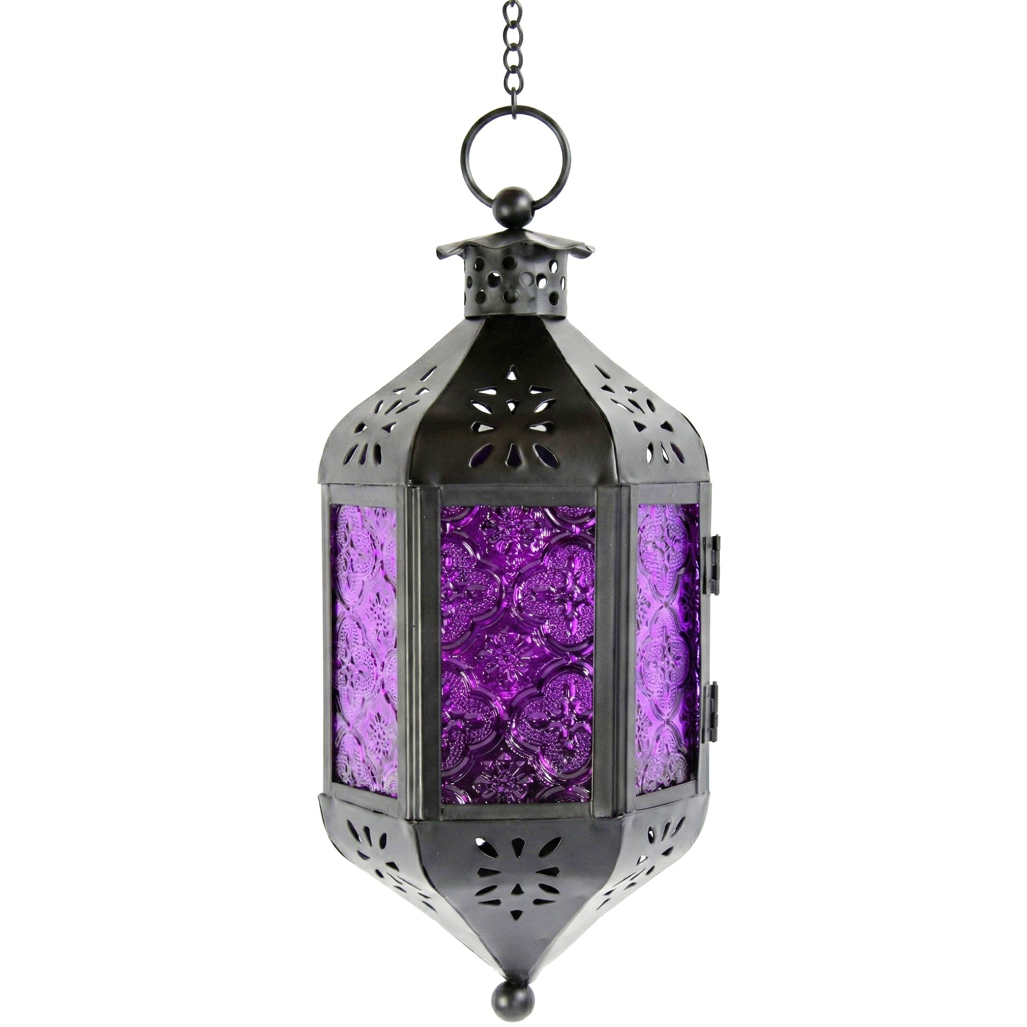 Purple Glass Hanging Moroccan Candle Lantern with Chain