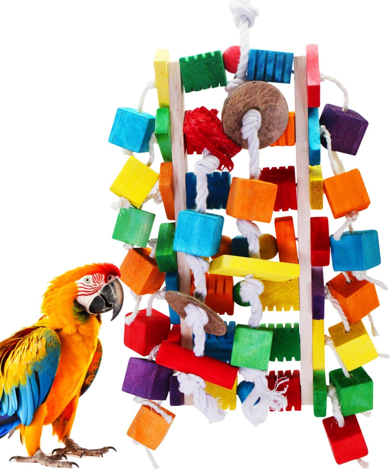 MQUPIN Large Bird Parrot Toys, Colorful Wooden Blocks of Different Shapes, 22 Inch Natural Wooden Block Parrot Toys for African Greys, Amazons, Cockatoos and Macaws
