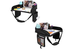 WENRENER Kids Travel Tray for Toddler Car Seat, Lap Tray for Girl Activities with Dry Erase Board & Cooler Cup Holder, Road Trip Essentials Accessories with No-Drop Large Tablet iPad Holder Stand,2Pc Black