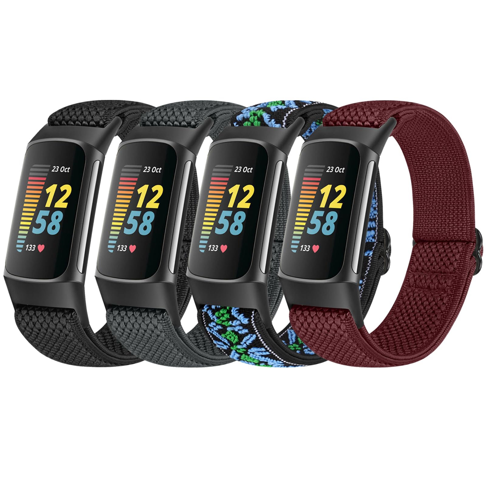 Tiptops 4 Pack Elastic Bands Compatible with Fitbit Charge 5 Men, Soft Adjustable Stretchy Strap Comfortable Sports Replacement Wristband for 5, Black+grey+BohemiaNE-Blue+Wine red