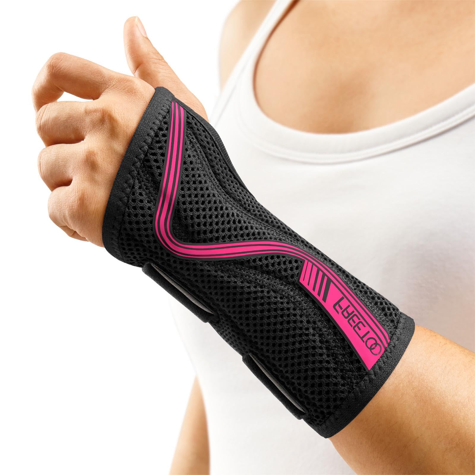 FREETOO Wrist Support S-shaped support for Arthritis, Adjustable Day Night Carpal Tunnel Wrist Splint for Men Women RSI, Sprain, Fracture Wrist Brace （Rose Red-Small-Left）