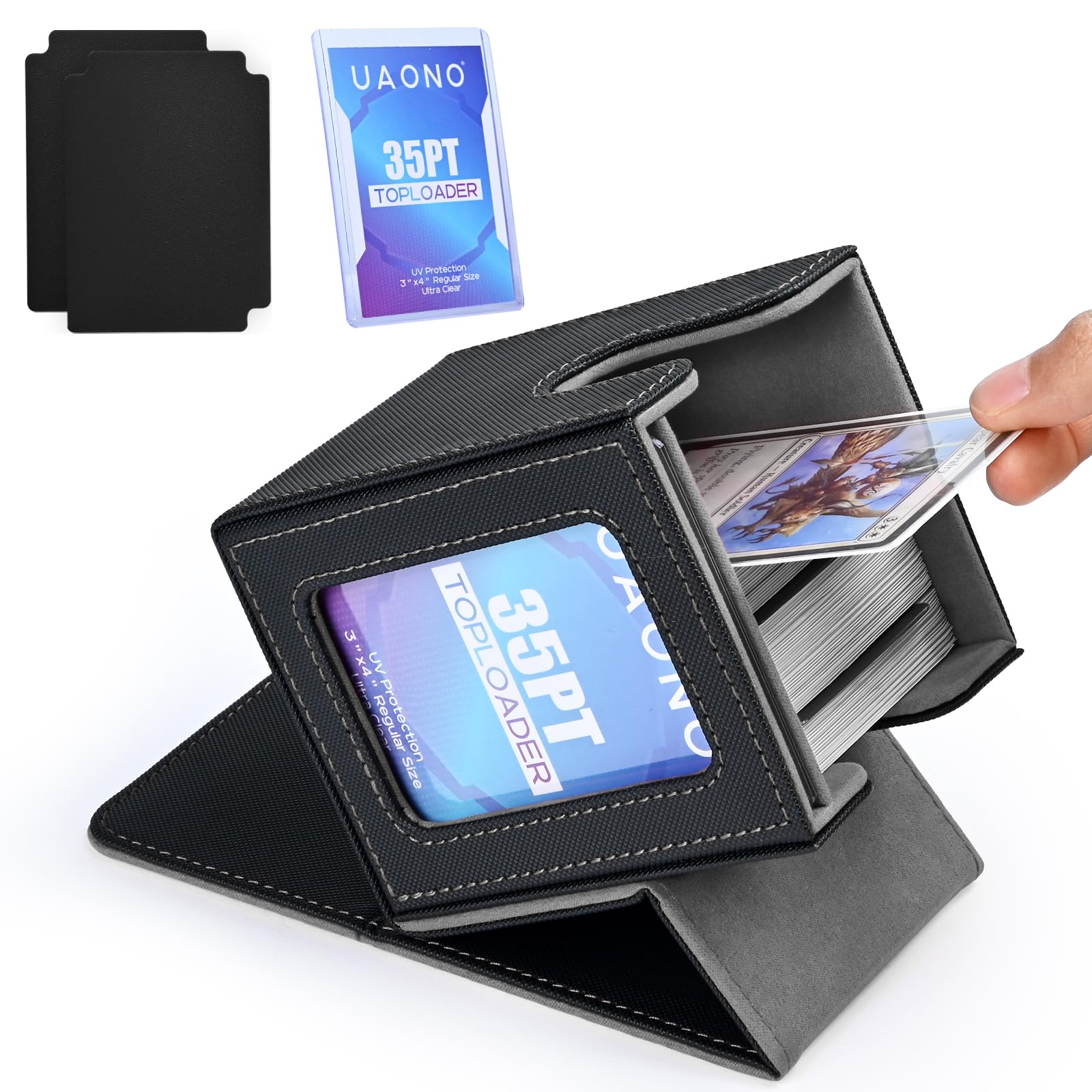 UAONO Card Deck Box with MTG Commander Display, Patented Design Card Deck Case Holds 100+ Double-Sleeved Cards, PU Leather Cards Storage Box for TCG with 2 Dividers, 1 Top Loader (Black) — image 1