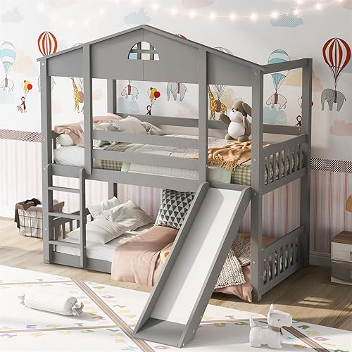 House Bunk Beds with Slide Twin Over Twin Bunk Bed Frame Convertible Wood Bunked Can Be Divided into Platform Beds for Kids Boys Girls Teens, Gray