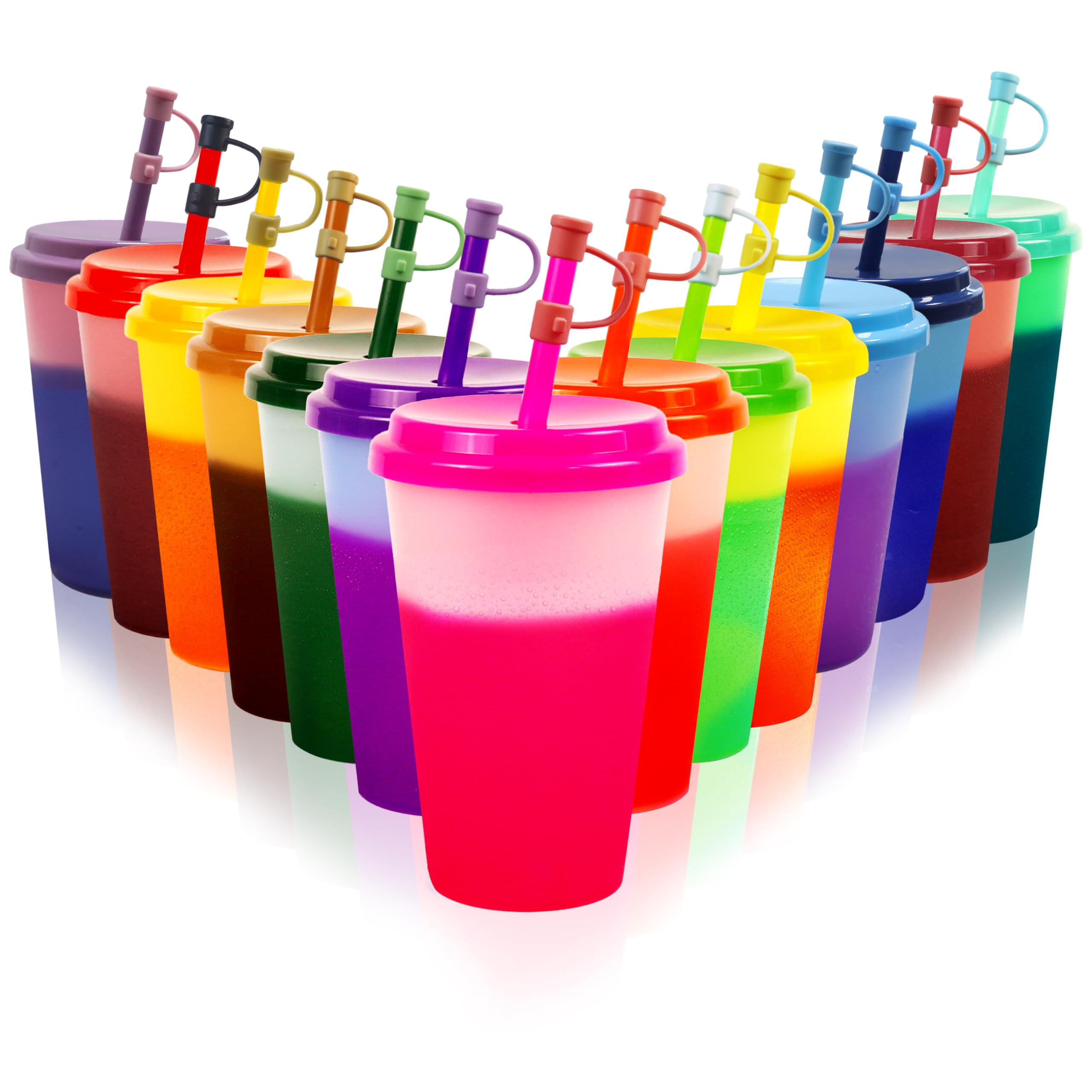 Patinao 14 Pack Color Changing Cups Tumblers with Lids & Straws - 12oz Reusable Plastic Drinking Cups Bulk Party Sippy Cups Cold Water Cup Set (with Silicone Straw Cover)