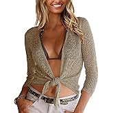 Nulibenna Womens Sheer Shrug Sweaters 3/4 Sleeve Open Front Tie Cardigan Bolero Jacket Lightweight Crochet Knit Cover Up Tops