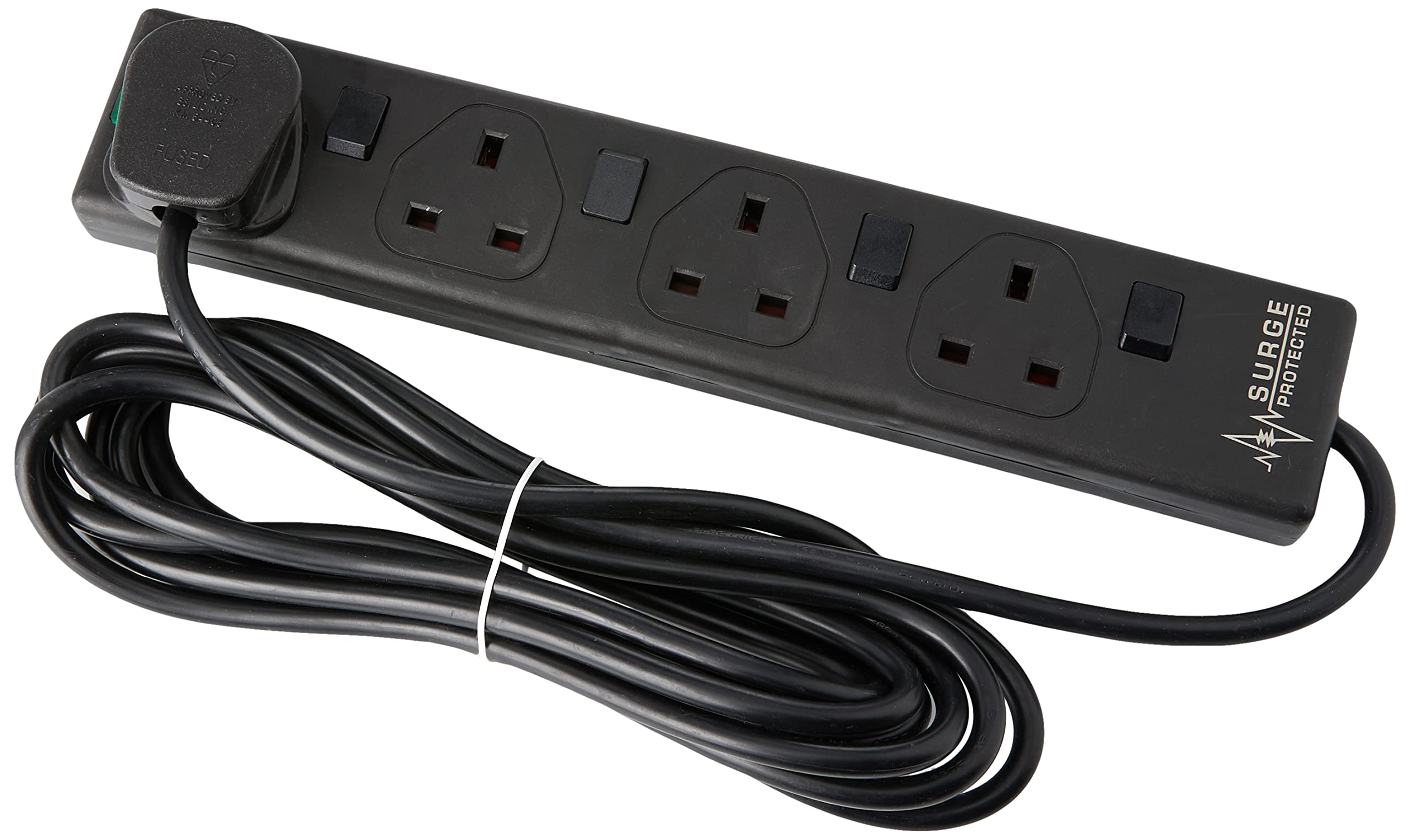 4 Gang Switched Surge Protected Mains Extension Lead, Black, 4m