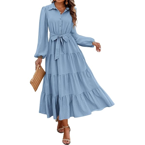 GLIGET Dresses for Women 2024 Long Sleeve Ruffle Hem Belted A Line Maxi  Dress (Size : Small) at Amazon Women's Clothing store