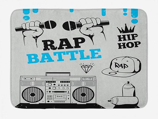 Amazon Com Ambesonne Hip Hop Bath Mat Hip Hop Elements Freestyle Rap Duel With Microphones Theme Plush Bathroom Decor Mat With Non Slip Backing 29 5 X 17 5 Azure Blue Black And Pale Grey
