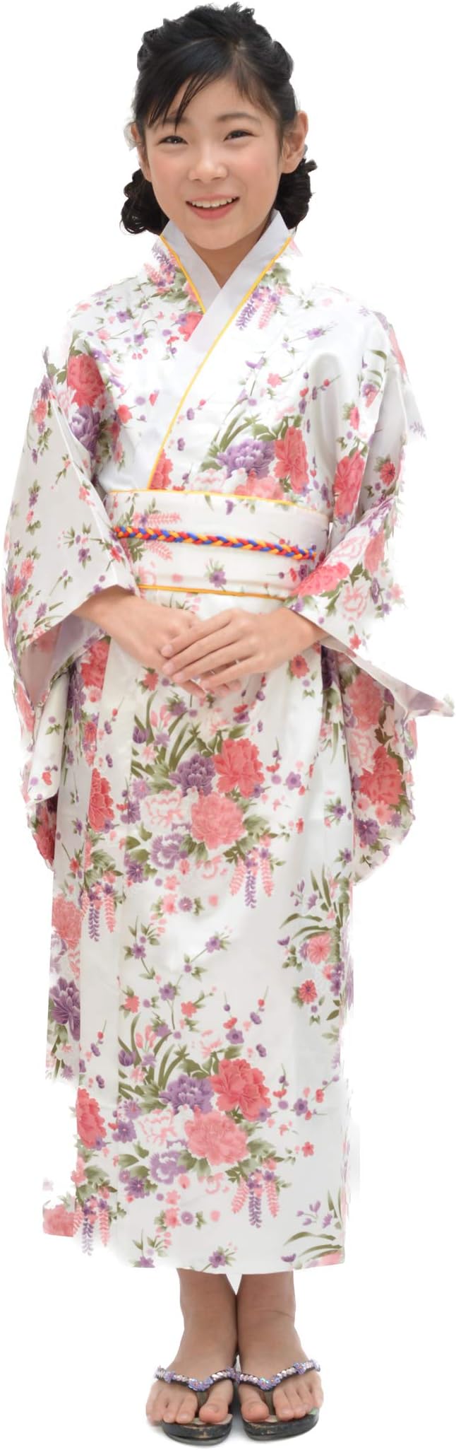 Japanese Traditional Dress Kimono Yukata Robe for Kids Girls Costume (8-9 Years, White)