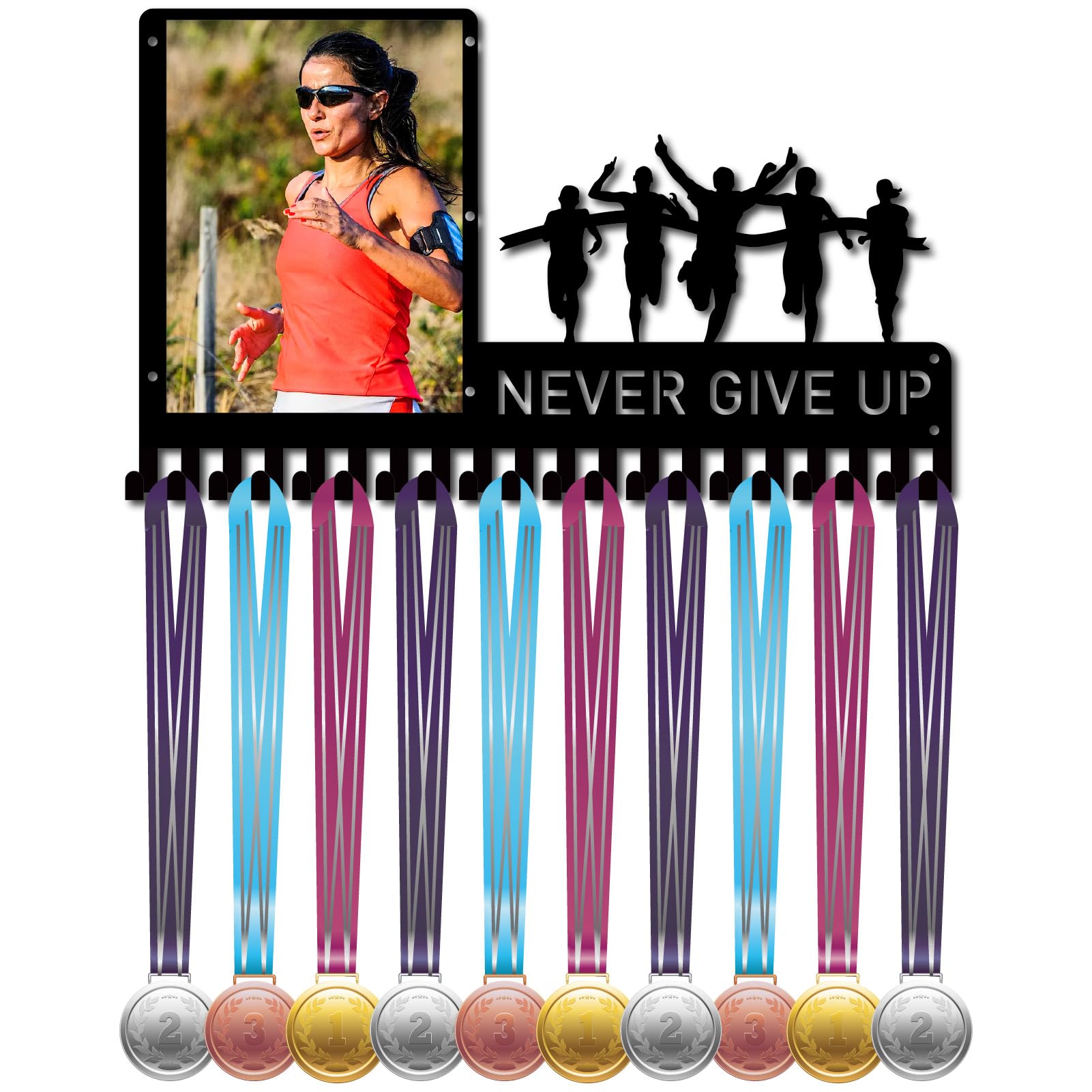 CREATCABIN Never Give Up Medal Hanger Display Running Medals Holder Rack with Photo Frame Metal Sports Hanging Athlete Awards Wall Mount with 20 Hooks for Competition Ribbon Medals Black 16.5x9.8Inch