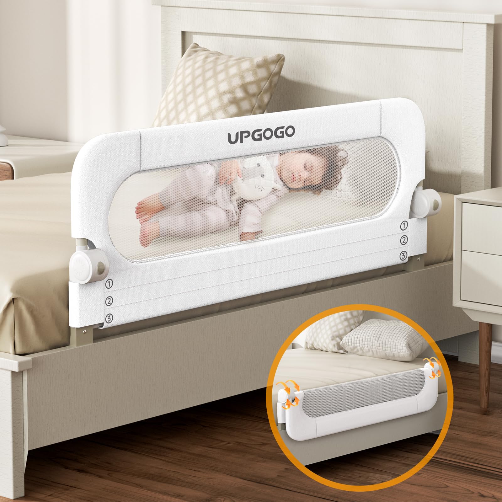 Photo 1 of UPGOGO Folding Bed Rail for Toddlers,Baby Bed Rail Guard with Reinforced Anchor Safety System,Fit Bunk,Full Size,Queen,King,Twin(White,43"x23.6")