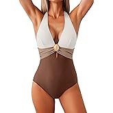 Eagerbuy Women's One Piece Swimsuit Sexy Tummy Control Bathing Suit V Neck Halter Monokini Color Block Metal Cutout Swim Suit