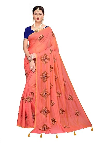 Women's Chanderi Cotton Blend Linen Embroided Style Saree with Blouse