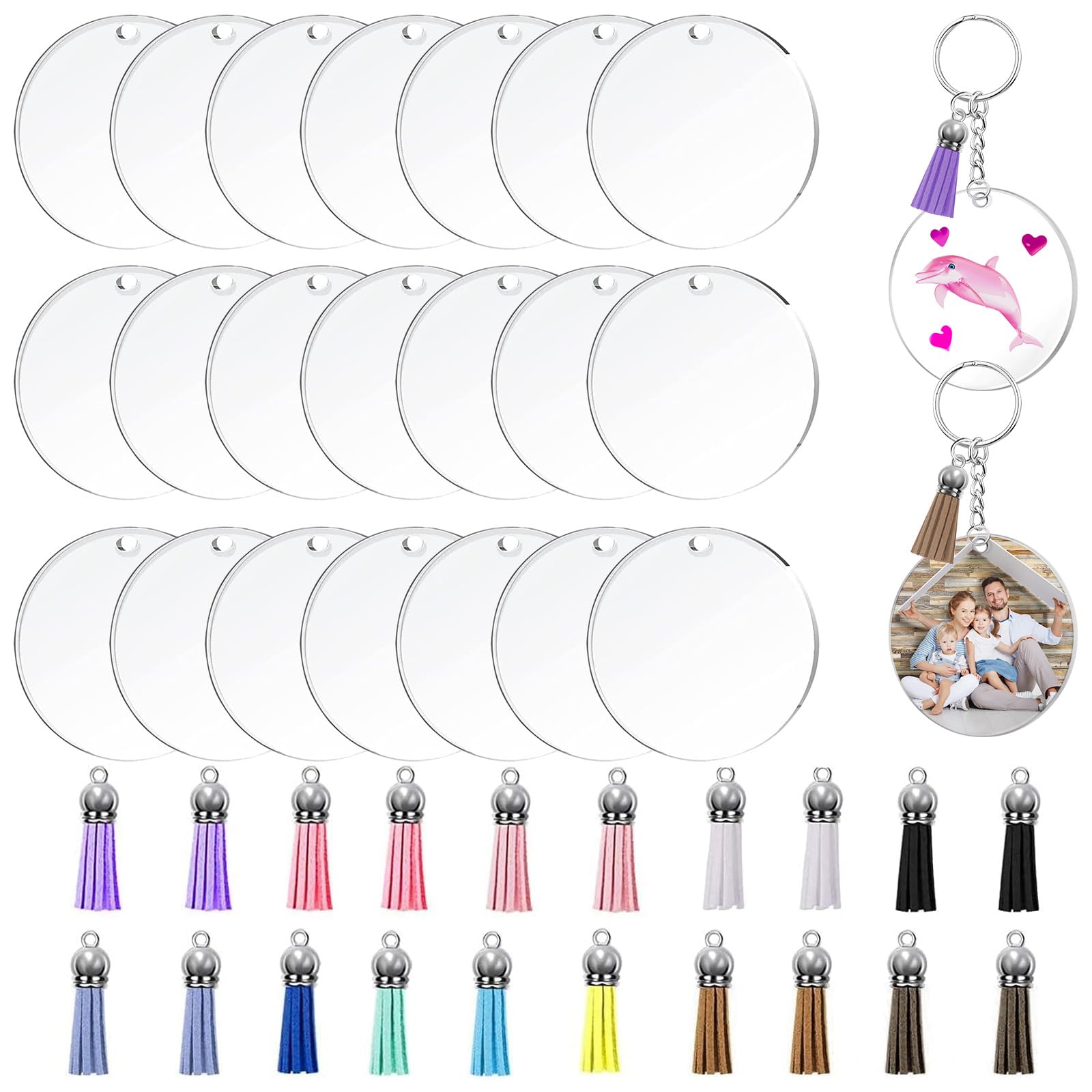 Xinghua 140Pcs Blank Acrylic Keychain with Tassel, Round Clear Acrylic Keychain Jump Rings, 50mm Diameter 3mm Thickness Round Transparent Acrylic, Used to Vinyl Resin Craft Project or Key Rings DIY