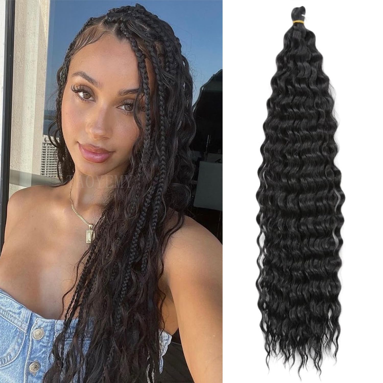 TAOYEMY Deep Wave Crochet Curly Braiding Hair 16 Inch 3 Packs Ocean Wave Crochet Hair Extensions Synthetic Curly Crochet Hair For Women (1B, 16 inch-3 PC) — image 1