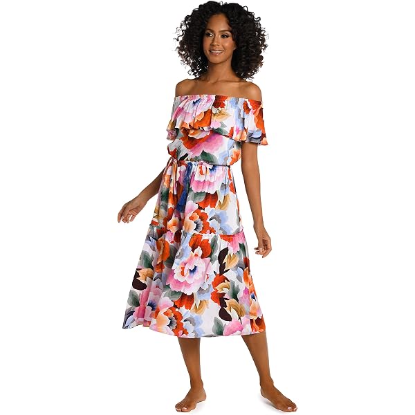 Copricostume La Blanca Off Shoulder Mini Dress, Abito Midi Con Scollo A V, Per Spiaggia E Piscina