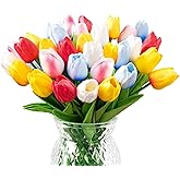 U'Artlines 30Pcs Fake Tulips Artificial Flowers with Stems Faux Tulips Bouquet Real Touch Flower for Wedding Home Kitchen Spring Easter Mother's Day Floral Arrangement Decor (Multi Colors)
