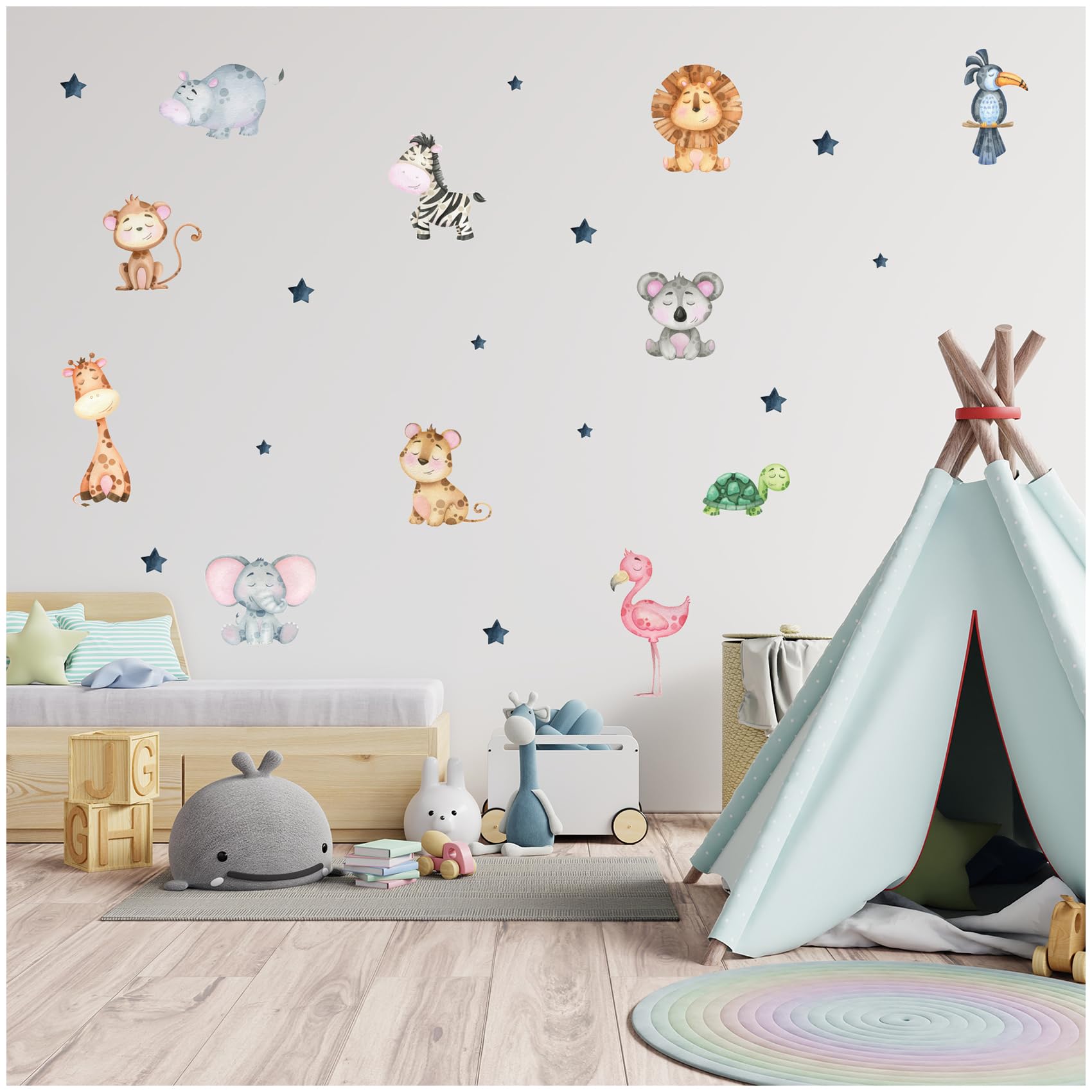 yabaduu Personalised Wall Stickers Watercolor Animals with Name Wall Sticker for Children's Room Baby Room Playroom Girl Y037 (No Name, No 3 Animals)