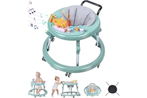 AIRLYA-LIFE Baby Walker, Foldable 9-Gear Height Adjustable Baby Walker with Wheels, Infant Toddler Walker with Music Disk, Anti-Fall Baby Walkers and Activity Center with Foot Pads for Boys and Girls 6-24 Months