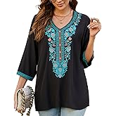 Traditional Mexican Embroidered Peasant Tops for Women, Plus Size Vintage Floral Tunic Shirts, Flowers Embroidery Blouses