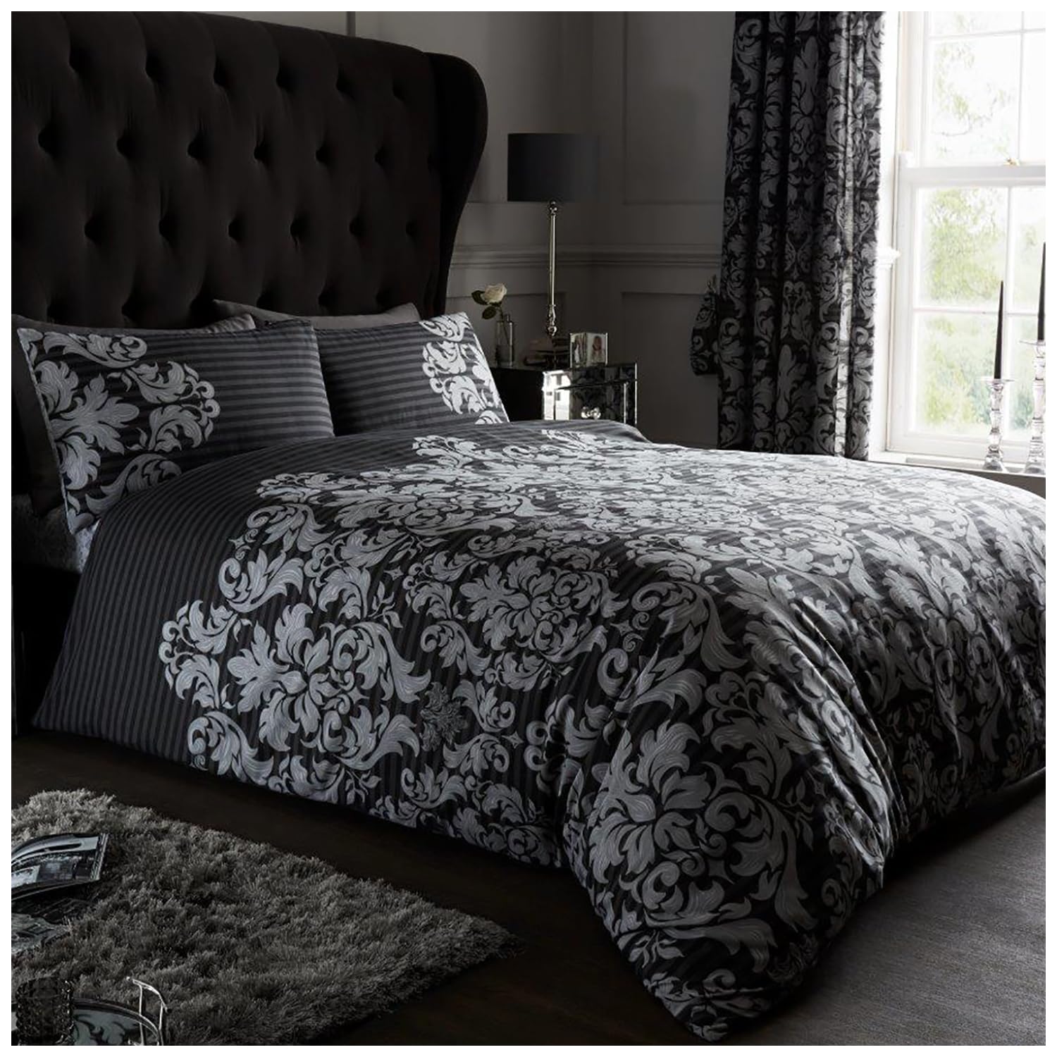 Gaveno Cavailia Luxurious Empire Damask Bed Set with Duvet Cover and Pillow Cases, Polyester-Cotton, Black, King, 11152743