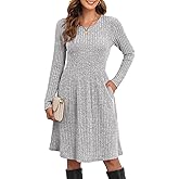 lionstill Women's Knit Textured Sweater Dresses Long Sleeve Loose Casual Pleated Fall Dress with Pockets,Grey, L