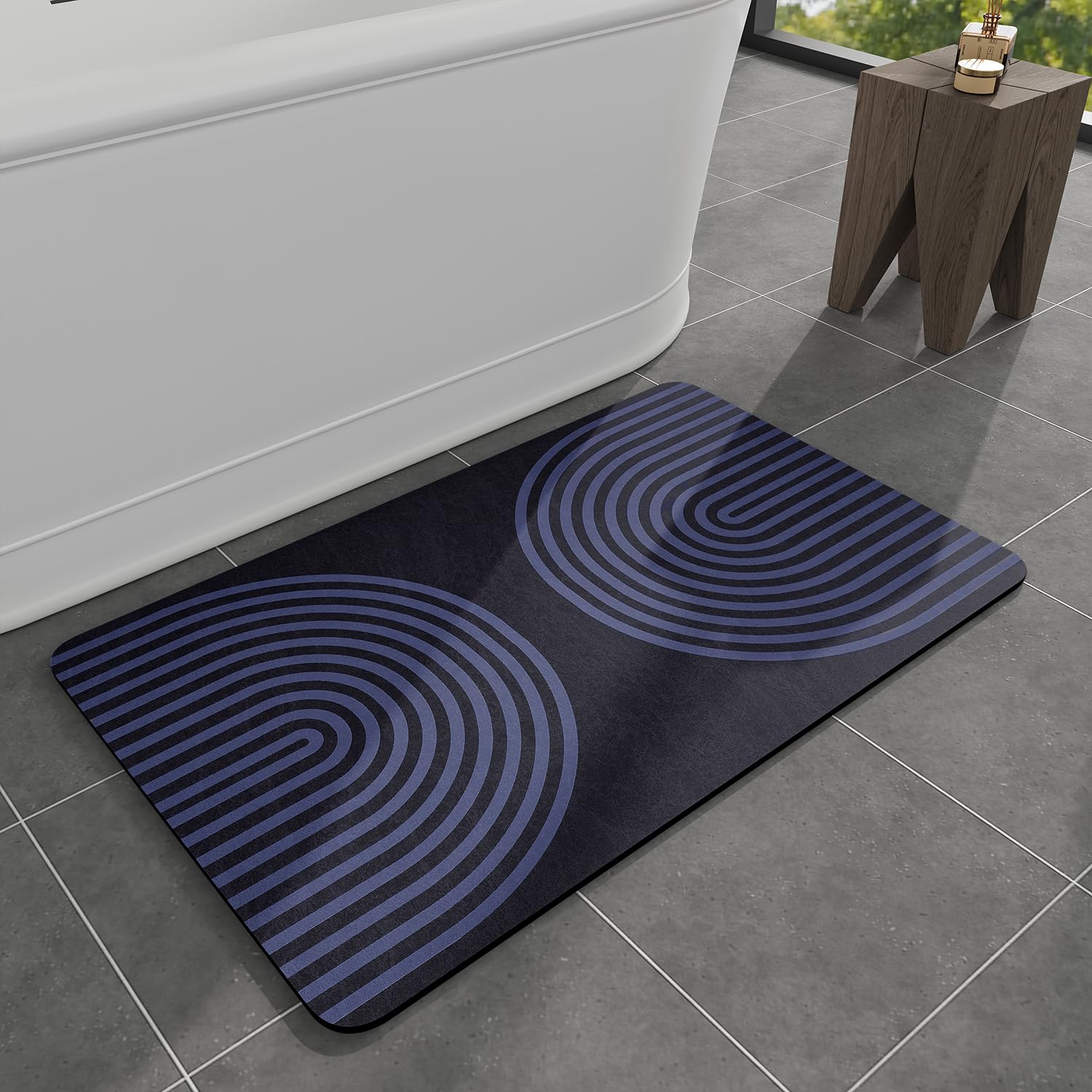 Photo 1 of MontVoo -Bath Mat-Non Slip Thin Bathroom Rugs Fit Under Door- Quick Dry Absorbent Faux Suede Surface Grey Bathroom Floor Mats-Shower Rug for in Front of Bathtub Shower Blue Arched 17x27.5