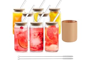 HOMBERKING Glass Cups with Bamboo Lids and Straws 8pcs Set, 20oz Can Shaped Cute Tumbler Cup with Cleaning Brushes, Beer Glasses, Iced Coffee Cups with Silicone Protective Sleeve BPA Free, Amber