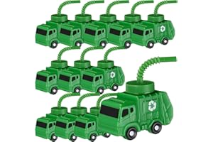 Tanlade 12 Sets Garbage Truck Cups with Straws, Trash Truck Birthday Party Decorations, 10 oz Plastic Garbage Car Shape Cup Reusable Car Party Decoration Vehicles Birthday