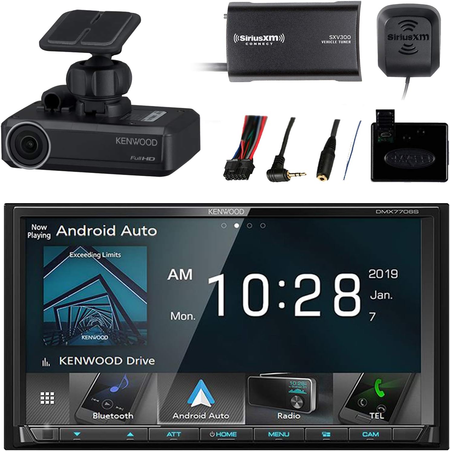 Car Audio Package: Kenwood 2-DIN Receiver w/Bluetooth & HD Radio, Metra Steering Wheel Control Interface, SiriusXM Satellite Radio Tuner Kit, Drive Recorder Dash Camera