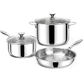MICHELANGELO Stainless Steel Pots and Pans Set, 5-Piece Cookware Set | 10" Fry Pan, 3QT Saucepan &amp; 8QT Stock Pot with Glass Lids, Tri-Ply Base, Induction Compatible, No Coating