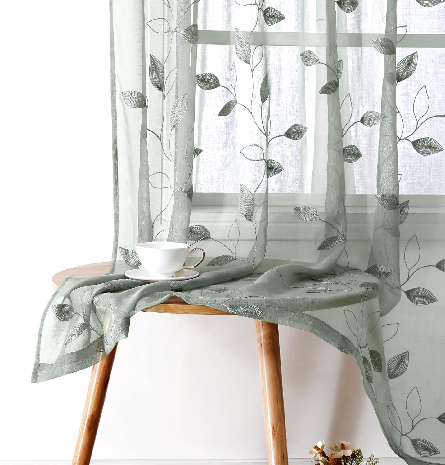 Window Treatments - HOMEIDEAS Sage Green Sheer Curtains 52 X 84 Inches Long 2 Panels Embroidered Leaf Pattern Pocket Faux Linen Floral Semi Sheer Voile Window Curtains/Drapes for Bedroom Living Room
