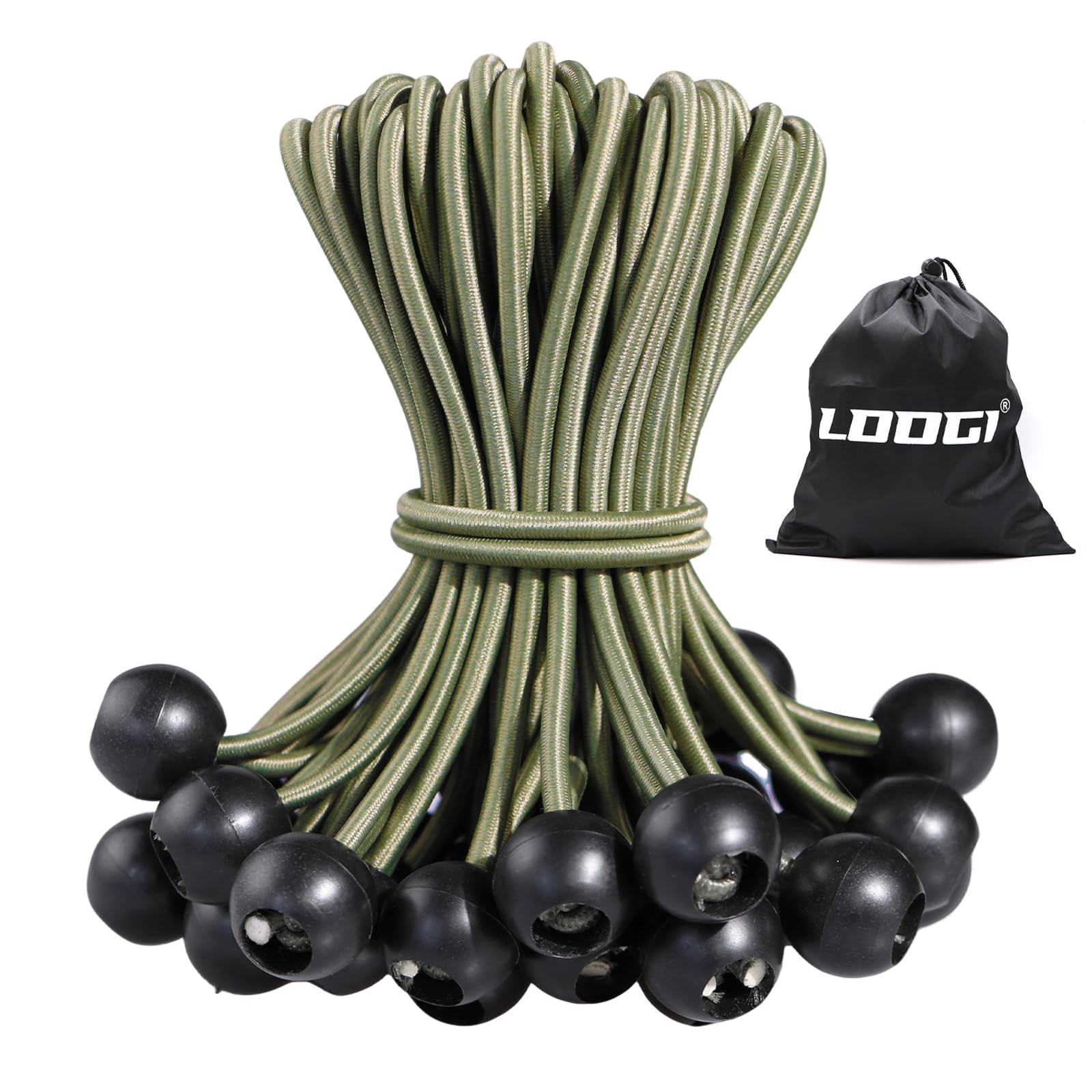 LOOGI Bungee Cord with Balls, 25Pcs 4 Inch Green Bungee Ball Cords, Heavy Duty Tarp Bungees Ties Elastic Tie Down Straps for Tarpaulin Tent Camping Pavilions Flag Marquee