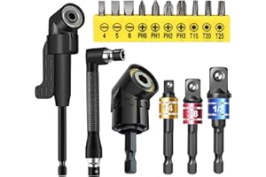 CIGOTU Tool 16Pcs Right Angle Drill Attachment Set Includes 2Pcs 105° Angle Drill Adapter & 90° Angled Bits, 3Pcs Drill-Bit-Kit Joint Socket 1/4 3/8 1/2 in Hex Socket Adapter, 10 Short Screwdriver Bits