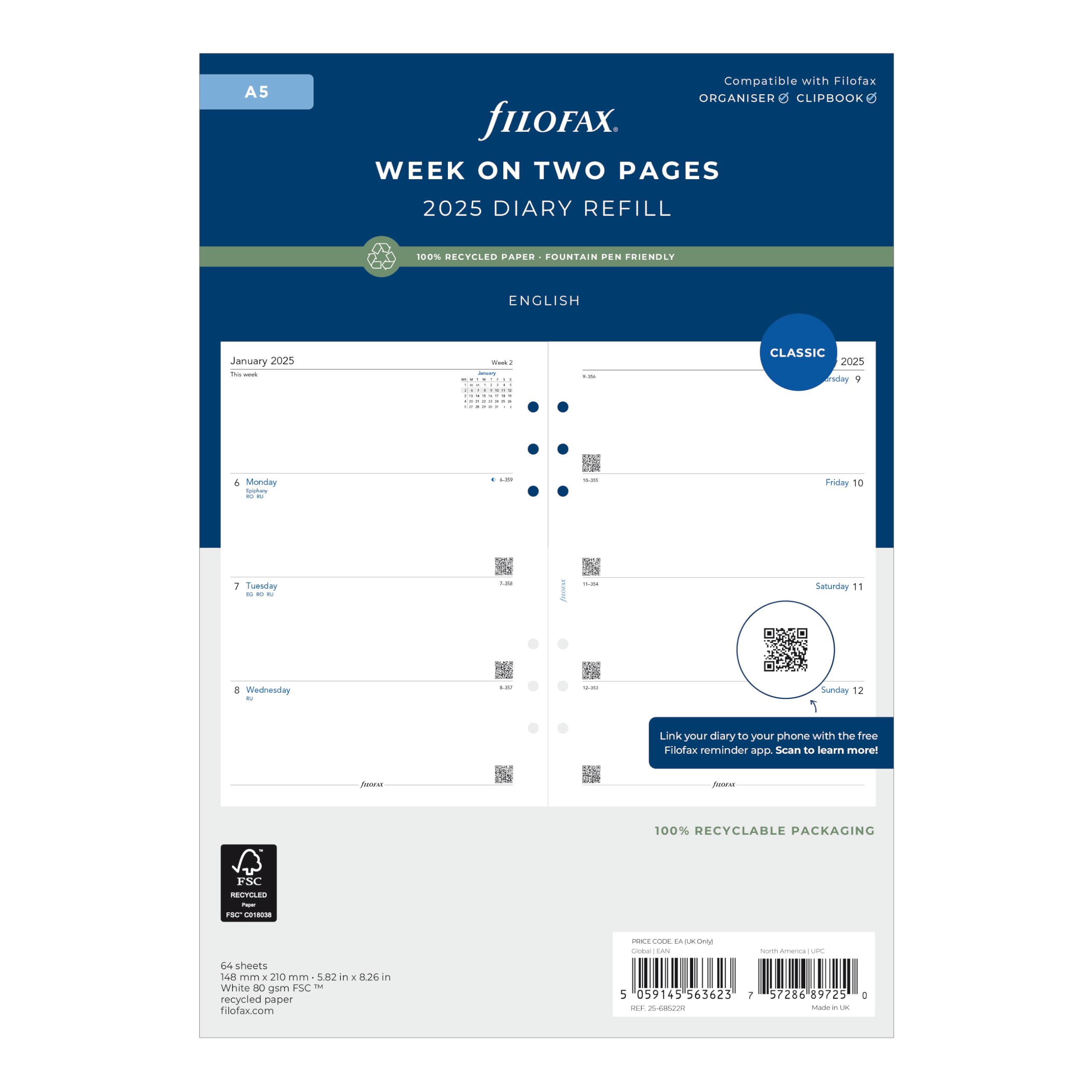 Photo 1 of Filofax Calendar Diary Refill, A5 Size, Week-to-View, White Paper, Unruled, English, 2025 (C68522R-25)