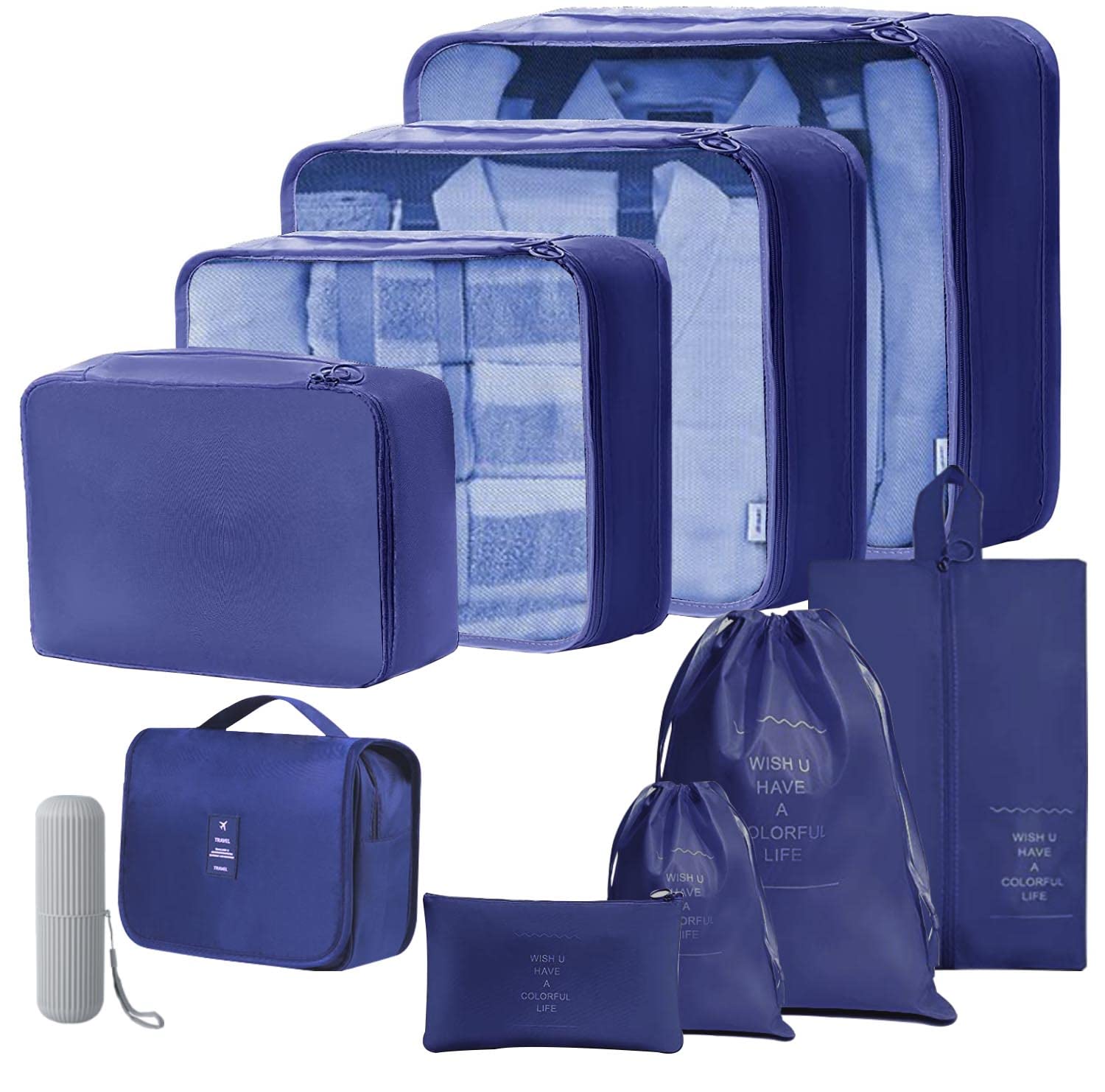 Packing Cubes for Suitcase, Toifucos 10pcs/Set Travel Packing Cubes Travel Luggage Packing Organizers Waterproof Travel Compression Suitcase Bag Travel Essential Bag (Navy Blue)