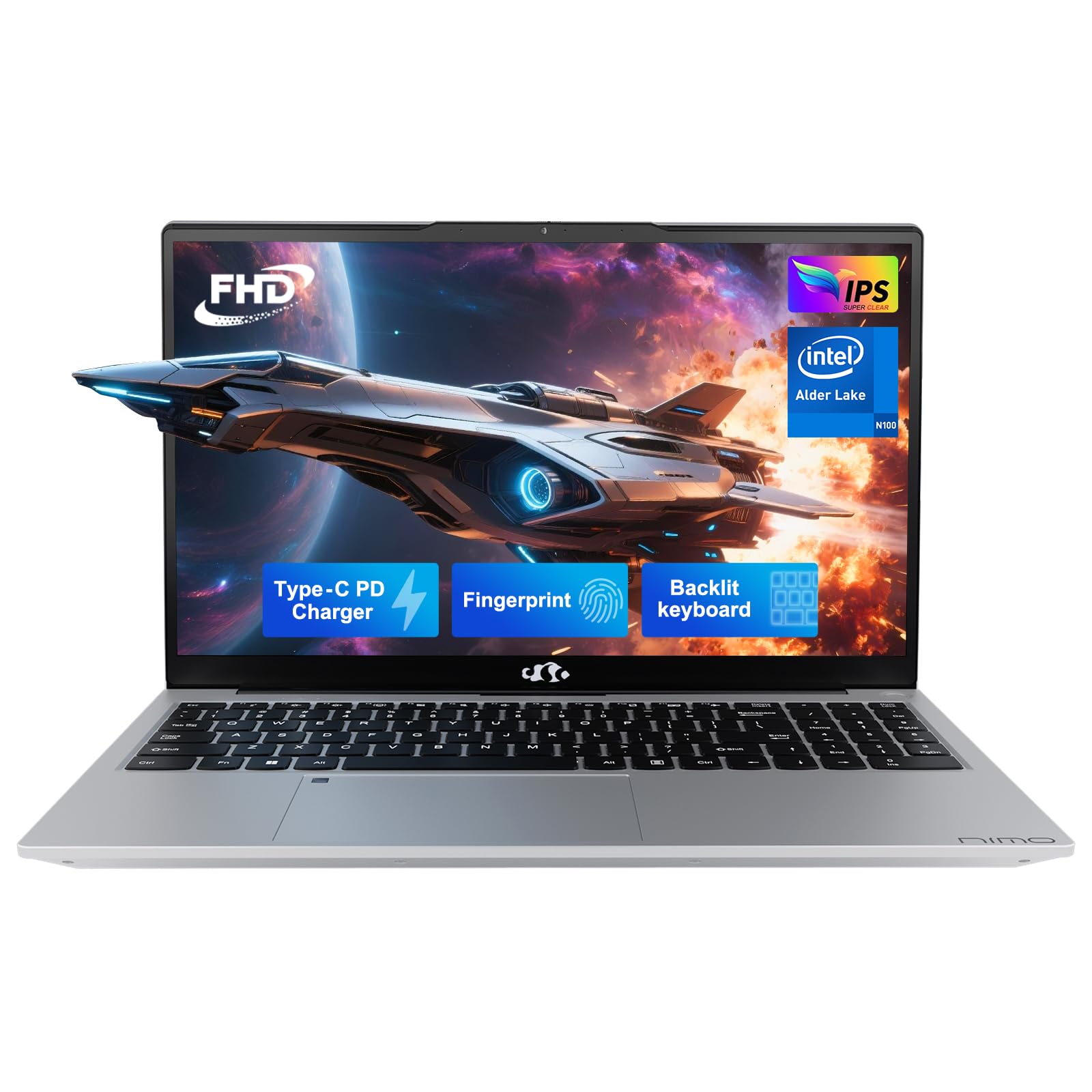 NIMO 15.6" IPS FHD-Laptop-Computer, Intel Pentium Quad Core N100 8GB RAM 128GB SSD (Beat i3-1115G4, Up to 3.4GHz) Backlit Keyboard Fingerprint Type-C WiFi 6 BT5.2, for Student and Home Image