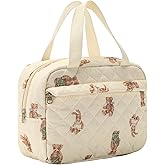 uekeboag Large Size Quilted Coquette Makeup Bag, Cute Preppy Floral Cotton Travel Cosmetic Organizer Bag with Top Handle, Multi-Layer Travel Toiletry Pouch for Girls (04Bear)