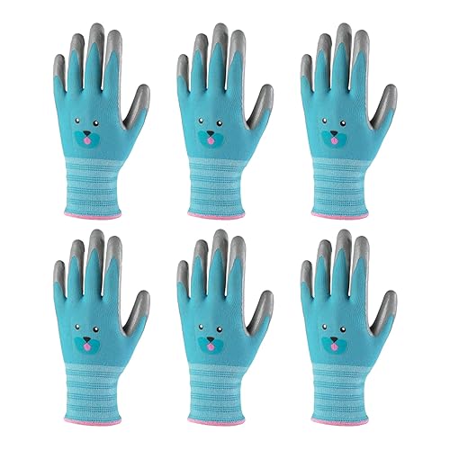 ANDANDA Kids Gardening Gloves for Age 9-12, Nitrile Coated Children Yard Work Gloves with Grip, Seamless Knitted Nylon Suitable for Toddlers, Children, Girls, Boys, Blue, 6 Pairs, Size 6/XL