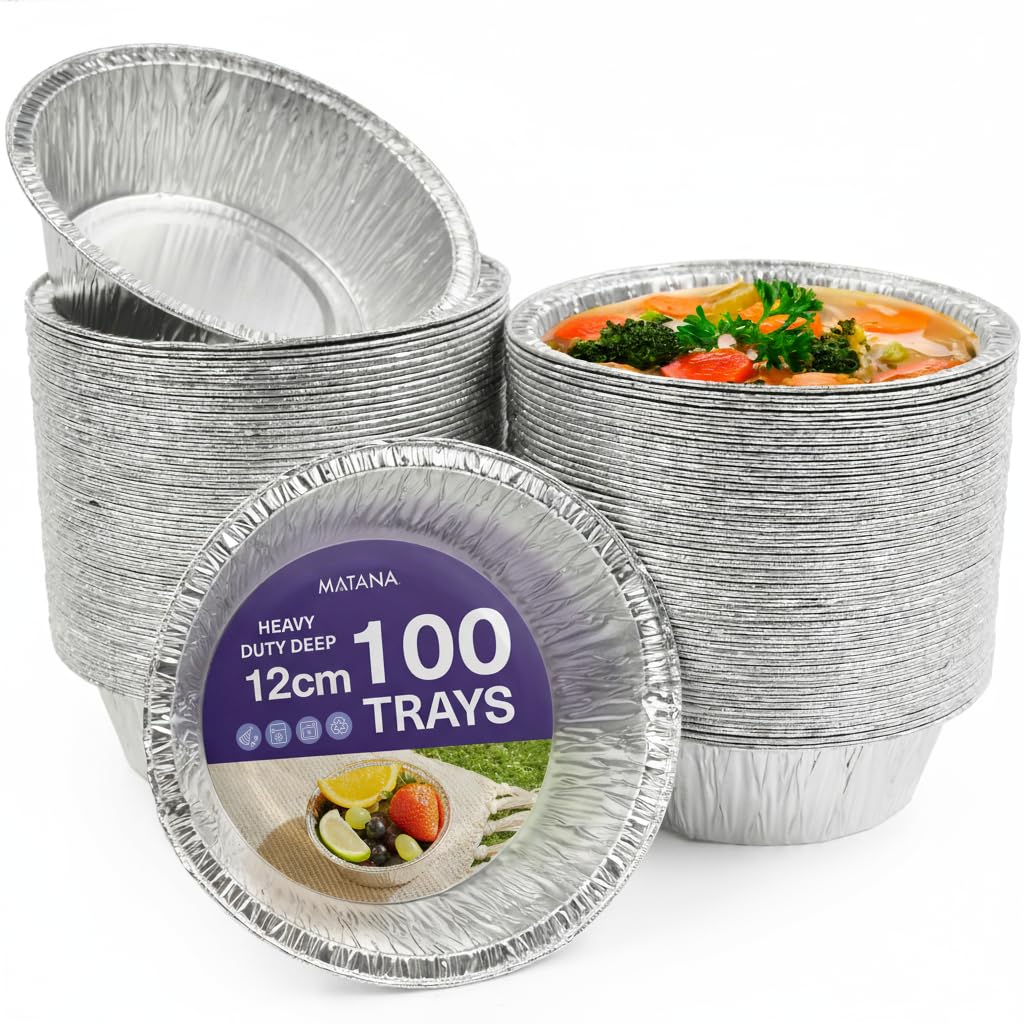 MATANA 100 Pack 5" Foil Pie Dishes - 12 cm / 250 ml Round Baking Trays for Tarts, Quiches, Desserts & Cakes – Reusable & Disposable Aluminium Pie Tins