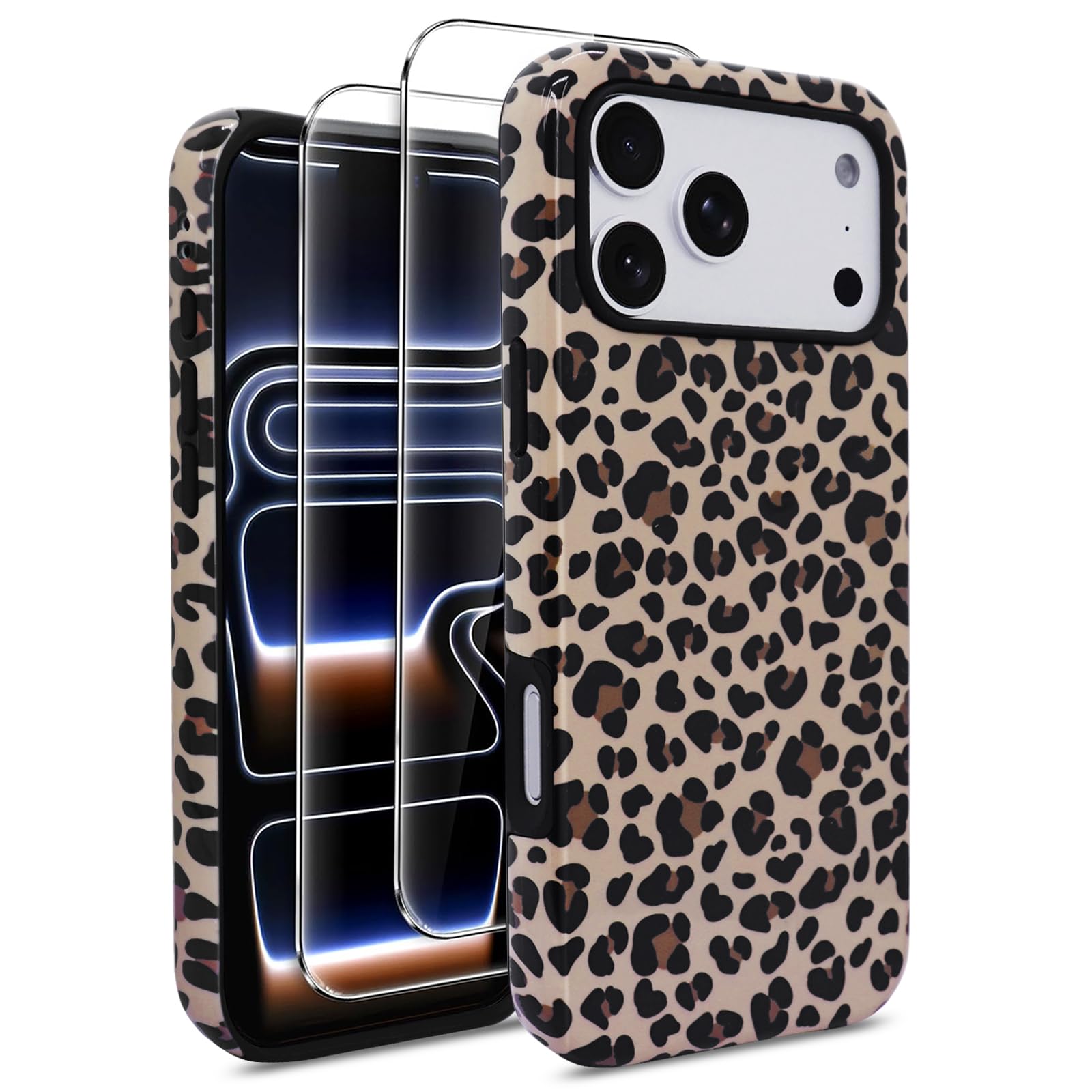 J.west Compatible with iPhone 17 Pro Max Case 6.9 inch with 2 Pack Tempered Glass Screen Protectors Cute Animal Leopard Hybrid Cover for Girls Women Aesthetic Protective Phone Cases Cheetah