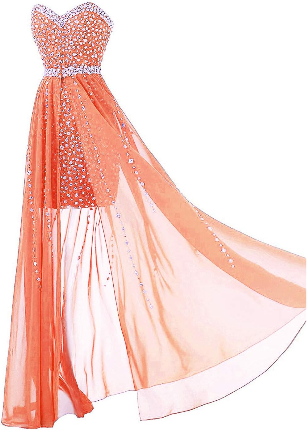 MariRobe Women's Rhinestone Chiffon Two Piece High Low Tight Prom Dress with Detachable Train