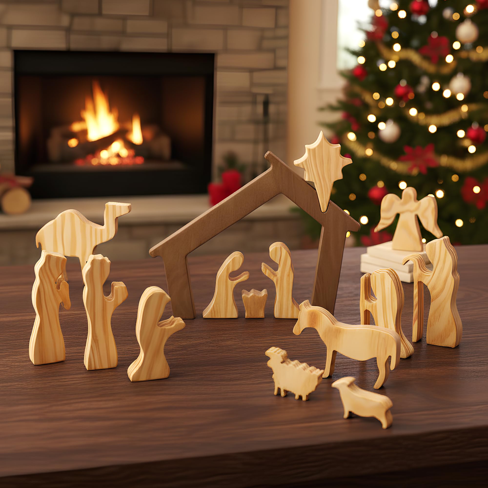 Photo 1 of RUSATEN Wooden Nativity Set – Nativity Sets & Figures | Xmas Nativity Set – Christian Christmas Decor – Christmas Décor 2025 – Natural Solid Wood Tabletop – Xmas Christian Set
