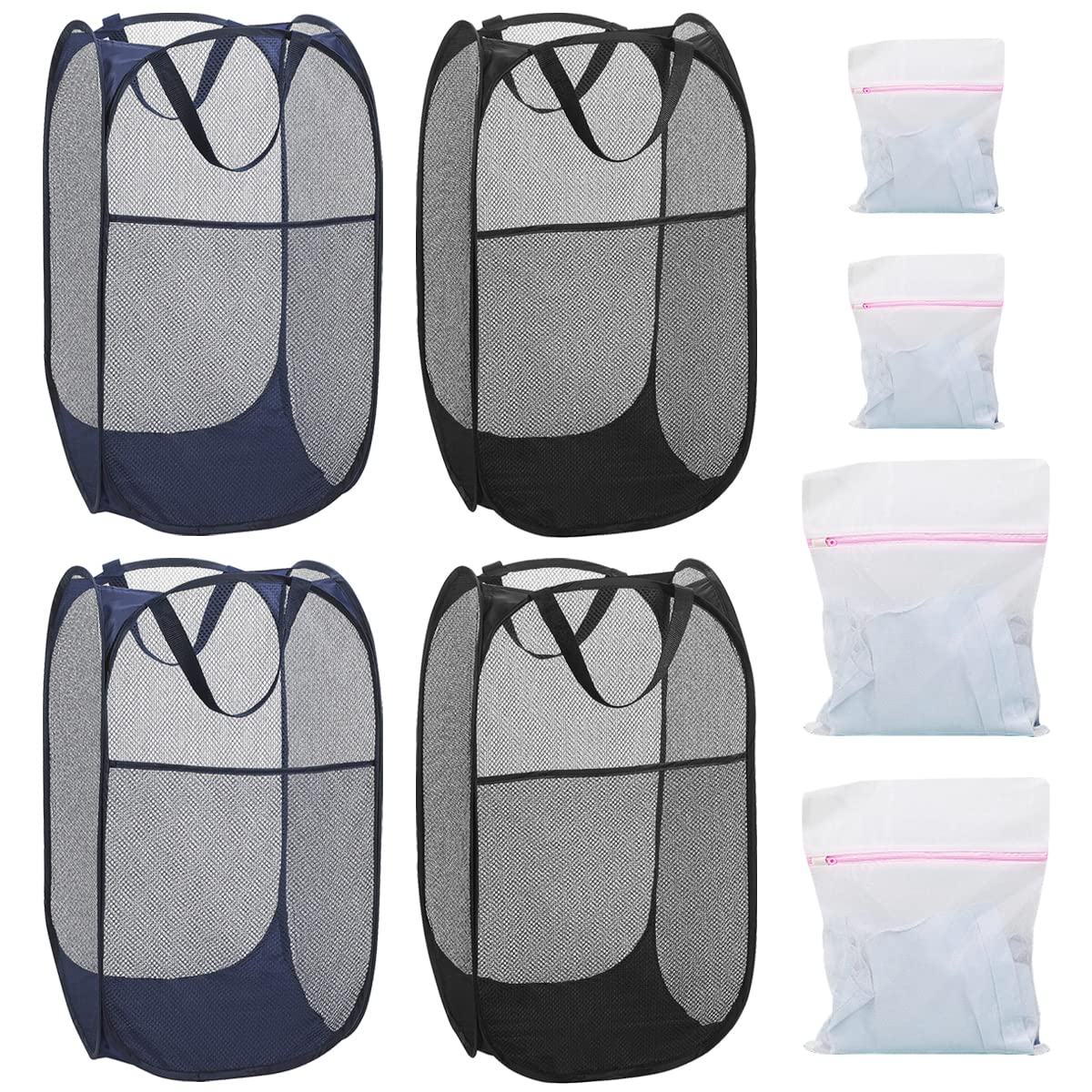 4Pcs Pop Up Laundry Hamper, Mesh Foldable Hamper with 4 Wash Bags, Collapsible Laundry Basket with Side Pocket Carry Handles, Portable Dirty Clothes Hamper for Dorm Bedroom Travel (4-Black)