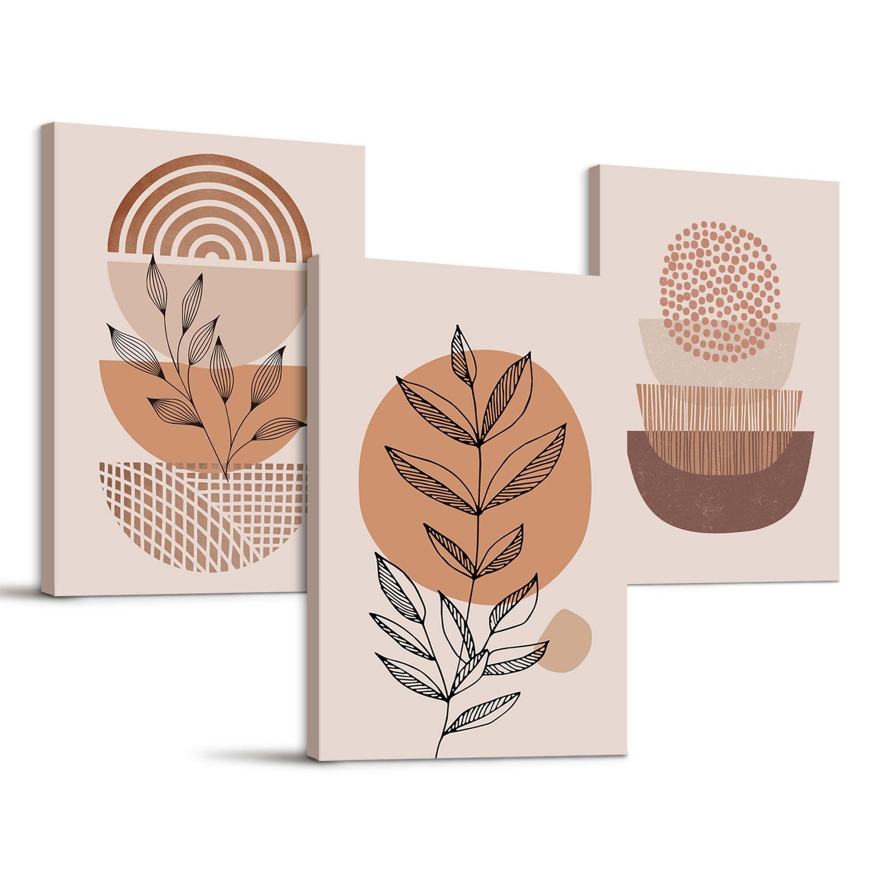 hyidecorart Boho Orange Canvas Wall Art for Living Room, Abstract Leaves and Geometry Nordic Minimalism Line Bedroom Wall Decor, Mid-Century Prints Paintings Wall Decorations Dining Room (12"×16"×3)