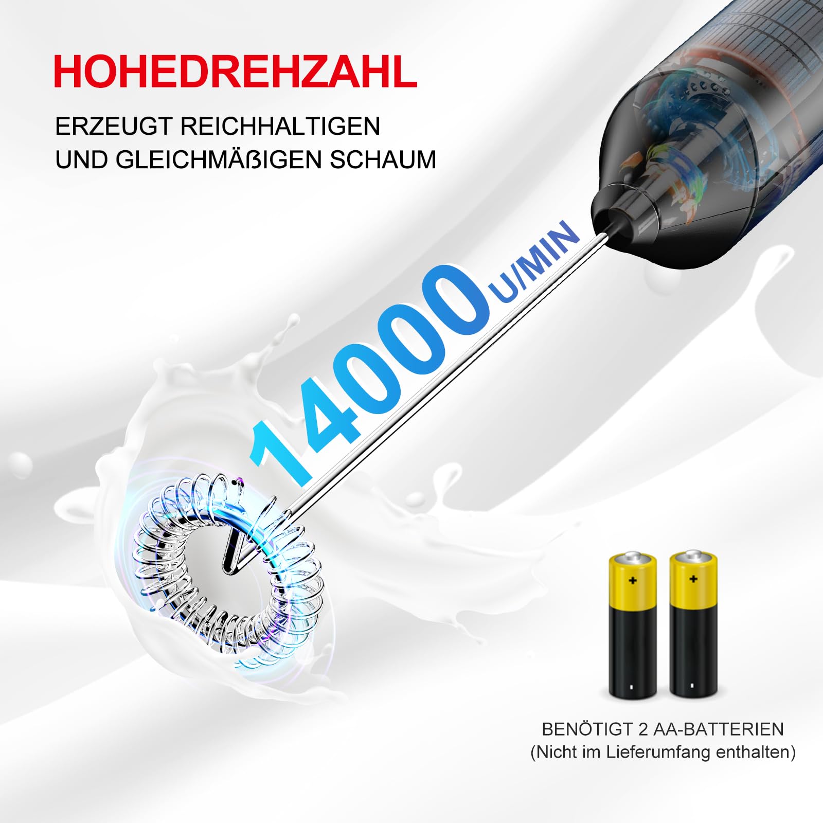 Bonsenkitchen Elektrische Milchaufschäumer, Handheld Milchschäumer Stab für Kaffee, Geschenkschaumbereiter für Kaffeeliebhaber, Latte Macchiato, Cappuccino, batteriebetrieben, Kaffeemixstab-Schwarz 2