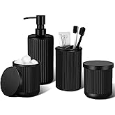 KASUNTING Matte Black Bathroom Accessories Set, 4 Pcs Glass Bathroom Accessory Set, Soap Dispenser, Toothbrush Holder, Qtip Holder Set, Bathroom Sets Complete, Bathroom Sink Set for Modern Home Decor