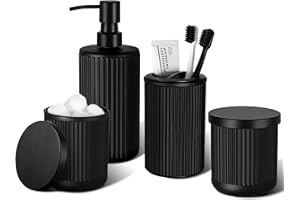 KASUNTING Matte Black Bathroom Accessories Set, 4 Pcs Glass Bathroom Accessory Set, Soap Dispenser, Toothbrush Holder, Qtip Holder Set, Bathroom Sets Complete, Bathroom Sink Set for Modern Home Decor
